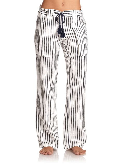 burberry blue white linen striped beach pants drawstring|Burberry women's pants.